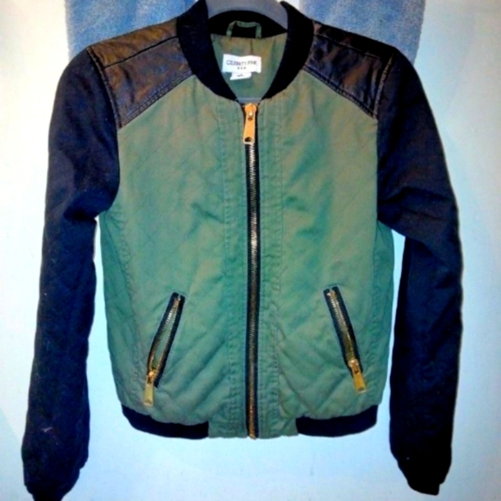 Green leather and black waffle print bomber jacket